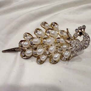 Pearl Studded Gem Peacock Hair Clip Strong Hold for Thick Hair